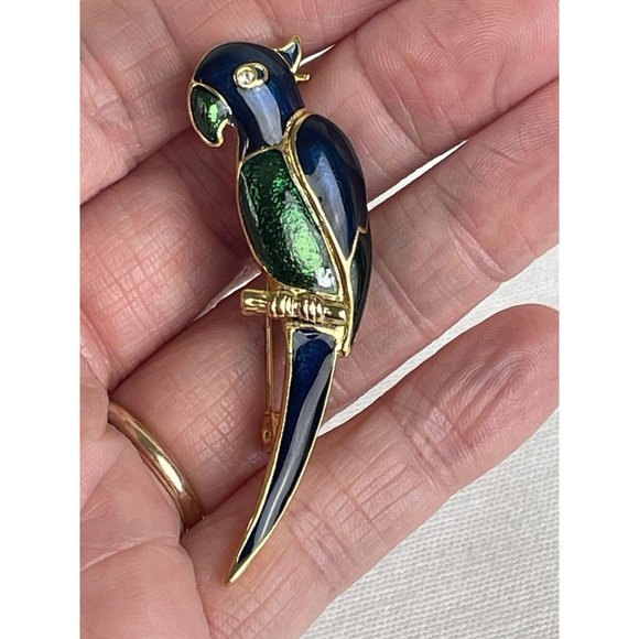 Vintage Tropical Parrot On Branch Brooch Jewel Green Blue Enamel Crystal Eyes - Picture 2 of 7